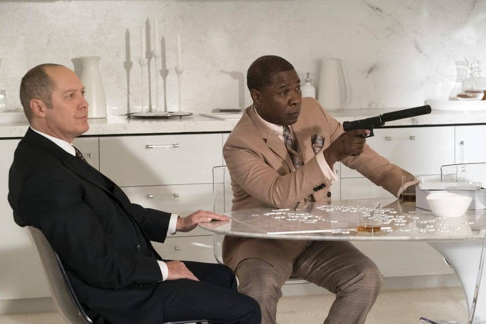 THE BLACKLIST -- "The Forecaster: #163" Episode 410 -- Pictured: (l-r) James Spader as Raymond "Red" Reddington, Michael Potts as Iniko -- (Photo by: Virginia Sherwood/NBC) THE BLACKLIST -- "The Forecaster: #163" Episode 410 -- Pictured: (l-r) James Spader as Raymond "Red" Reddington, Michael Potts as Iniko -- (Photo by: Virginia Sherwood/NBC)