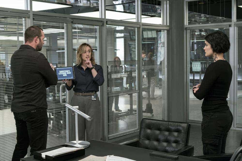BLINDSPOT -- "Evil Did I Dwell, Lewd Did I Live" Episode 216 -- Pictured: (l-r) Sullivan Stapleton as Kurt Weller, Ashley Johnson as Patterson, Jaimie Alexander as Jane Doe BLINDSPOT -- "Evil Did I Dwell, Lewd Did I Live" Episode 216 -- Pictured: (l-r) Sullivan Stapleton as Kurt Weller, Ashley Johnson as Patterson, Jaimie Alexander as Jane Doe