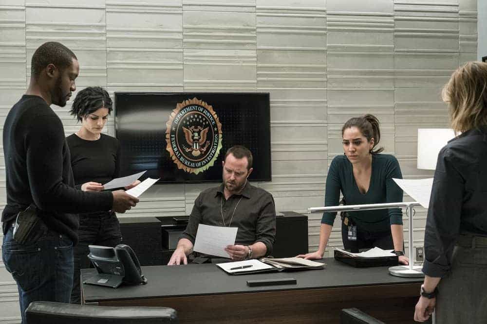 BLINDSPOT -- "Evil Did I Dwell, Lewd Did I Live" Episode 216 -- Pictured: (l-r) Rob Brown as Edgar Reed, Jaimie Alexander as Jane Doe, Sullivan Stapleton as Kurt Weller, Audrey Esparza as Tasha Zapata BLINDSPOT -- "Evil Did I Dwell, Lewd Did I Live" Episode 216 -- Pictured: (l-r) Rob Brown as Edgar Reed, Jaimie Alexander as Jane Doe, Sullivan Stapleton as Kurt Weller, Audrey Esparza as Tasha Zapata