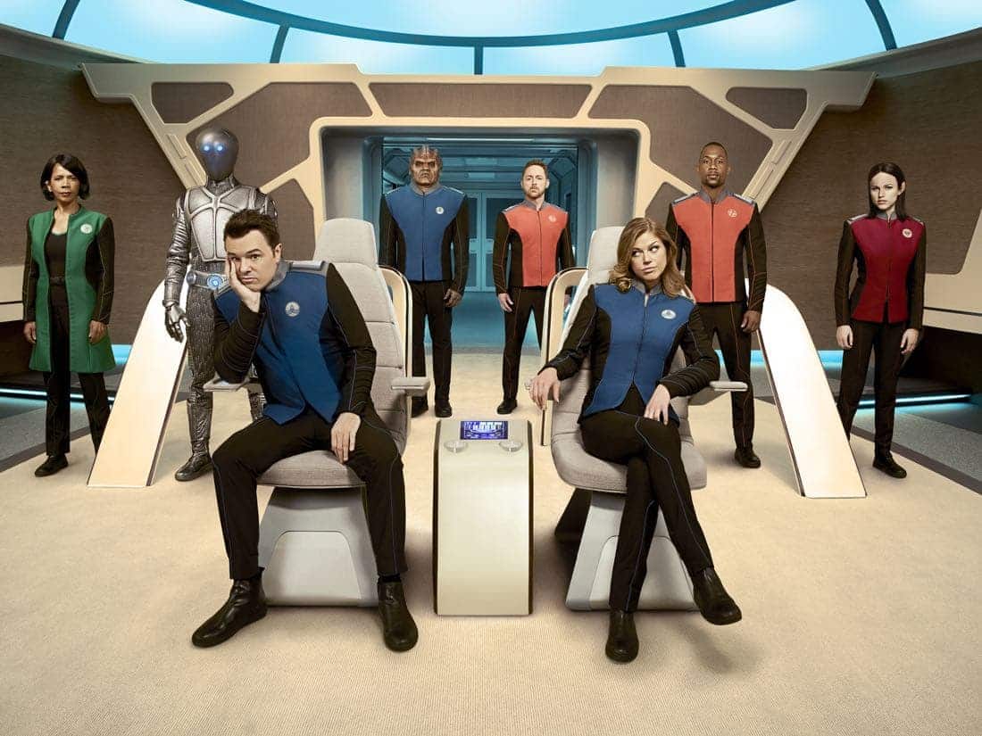THE ORVILLE: L-R: Penny Johnson Jerald, Mark Jackson, Seth MacFarlane, Peter Macon, Scott Grimes, Adrianne Palicki, J. Lee and Halston Sage in THE ORVILLE premiering this fall on FOX. ©2017 Fox Broadcasting Co. Cr: Noah Schutz/FOX