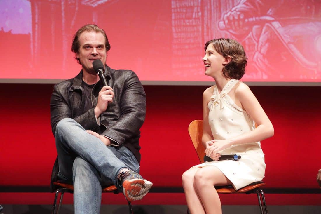 EXCLUSIVE - David Harbour and Millie Bobby Brown seen at ‘Stranger Things’ Netflix FYSee exhibit space with a Q&A at the Samuel Goldwyn Theater on Tuesday, June 06, 2017, in Los Angeles. (Photo by Eric Charbonneau/Invision for Netflix/AP Images) EXCLUSIVE - David Harbour and Millie Bobby Brown seen at ‘Stranger Things’ Netflix FYSee exhibit space with a Q&A at the Samuel Goldwyn Theater on Tuesday, June 06, 2017, in Los Angeles. (Photo by Eric Charbonneau/Invision for Netflix/AP Images)