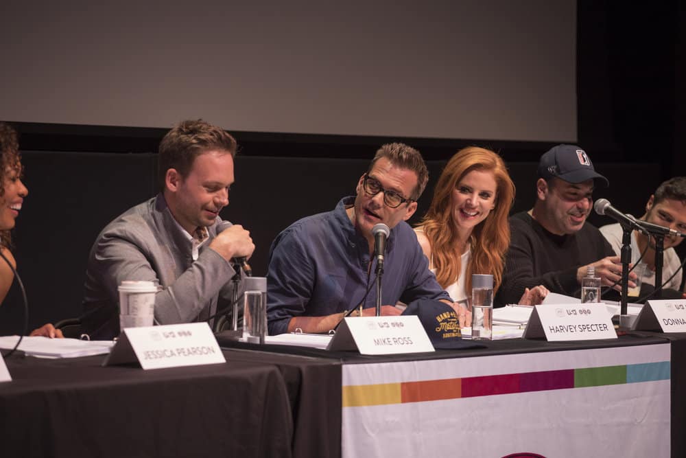 SUITS -- Script Reading Presented by USA Network -- Pictured: (l-r) Patrick J. Adams, Gabriel Macht , Sarah Rafferty, Rick Hoffman, Nick Wechsler -- (Photo by: Rick Kern/USA Network) SUITS -- Script Reading Presented by USA Network -- Pictured: (l-r) Patrick J. Adams, Gabriel Macht , Sarah Rafferty, Rick Hoffman, Nick Wechsler -- (Photo by: Rick Kern/USA Network)