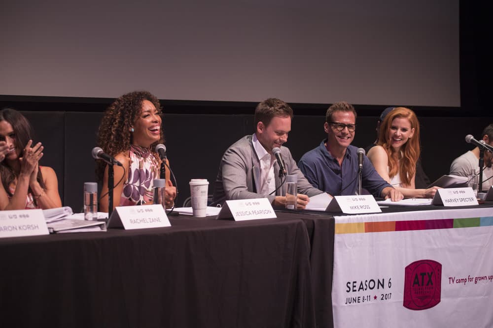 SUITS -- Script Reading Presented by USA Network -- Pictured: (l-r) Gina Torres, Patrick J. Adams, Gabriel Macht, Sarah Rafferty -- (Photo by: Rick Kern/USA Network) SUITS -- Script Reading Presented by USA Network -- Pictured: (l-r) Gina Torres, Patrick J. Adams, Gabriel Macht, Sarah Rafferty -- (Photo by: Rick Kern/USA Network)