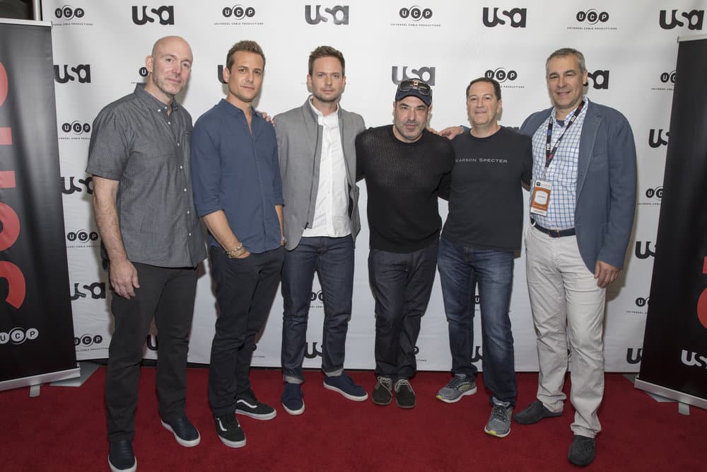 SUITS -- Script Reading Presented by USA Network -- Pictured: (l-r) Gene Klein, Gabriel Macht, Patrick J. Adams, Rick Hoffman, Aaron Korsh, and David Bartis -- (Photo by: Rick Kern/USA Network) SUITS -- Script Reading Presented by USA Network -- Pictured: (l-r) Gene Klein, Gabriel Macht, Patrick J. Adams, Rick Hoffman, Aaron Korsh, and David Bartis -- (Photo by: Rick Kern/USA Network)