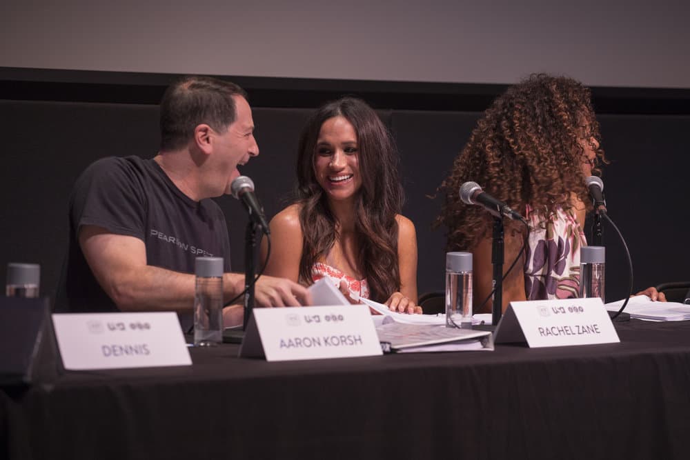 SUITS -- Script Reading Presented by USA Network -- Pictured: (l-r) Aaron Korsh, Megahan Markle, Gina Torres -- (Photo by: Rick Kern/USA Network) SUITS -- Script Reading Presented by USA Network -- Pictured: (l-r) Aaron Korsh, Megahan Markle, Gina Torres -- (Photo by: Rick Kern/USA Network)