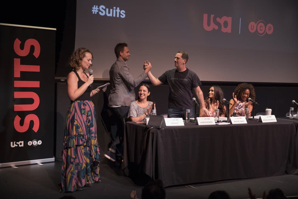 SUITS -- Script Reading Presented by USA Network -- Pictured: (l-r) Emily Gipson, ATX Festival Co-Founder, Patrick J. Adams, Robyn Ross of Entertainment Weekly, Aaron Korsh, Meghan Markle, Gina Torres -- (Photo by: Rick Kern/USA Network) SUITS -- Script Reading Presented by USA Network -- Pictured: (l-r) Emily Gipson, ATX Festival Co-Founder, Patrick J. Adams, Robyn Ross of Entertainment Weekly, Aaron Korsh, Meghan Markle, Gina Torres -- (Photo by: Rick Kern/USA Network)