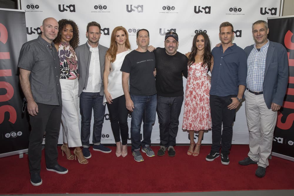 SUITS -- Script Reading Presented by USA Network -- Pictured: (l-r) Gene Klein, Gina Torres, Patrick J. Adams, Sarah Rafferty, Aaron Korsh, Rick Hoffman, Meghan Markle, Gabriel Macht, David Bartis -- (Photo by: Rick Kern/USA Network) SUITS -- Script Reading Presented by USA Network -- Pictured: (l-r) Gene Klein, Gina Torres, Patrick J. Adams, Sarah Rafferty, Aaron Korsh, Rick Hoffman, Meghan Markle, Gabriel Macht, David Bartis -- (Photo by: Rick Kern/USA Network)
