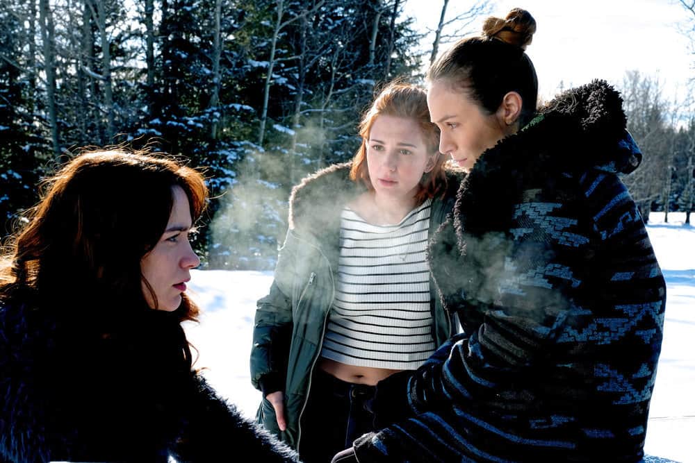 WYNONNA EARP -- "Everybody Knows" Episode 207 -- Pictured: (l-r) Melanie Scrofano as Wynonna Earp, Katherine Barrell as Officer Nicole Haught, Dominique Provost-Chalkley as Waverly Earp WYNONNA EARP -- "Everybody Knows" Episode 207 -- Pictured: (l-r) Melanie Scrofano as Wynonna Earp, Katherine Barrell as Officer Nicole Haught, Dominique Provost-Chalkley as Waverly Earp
