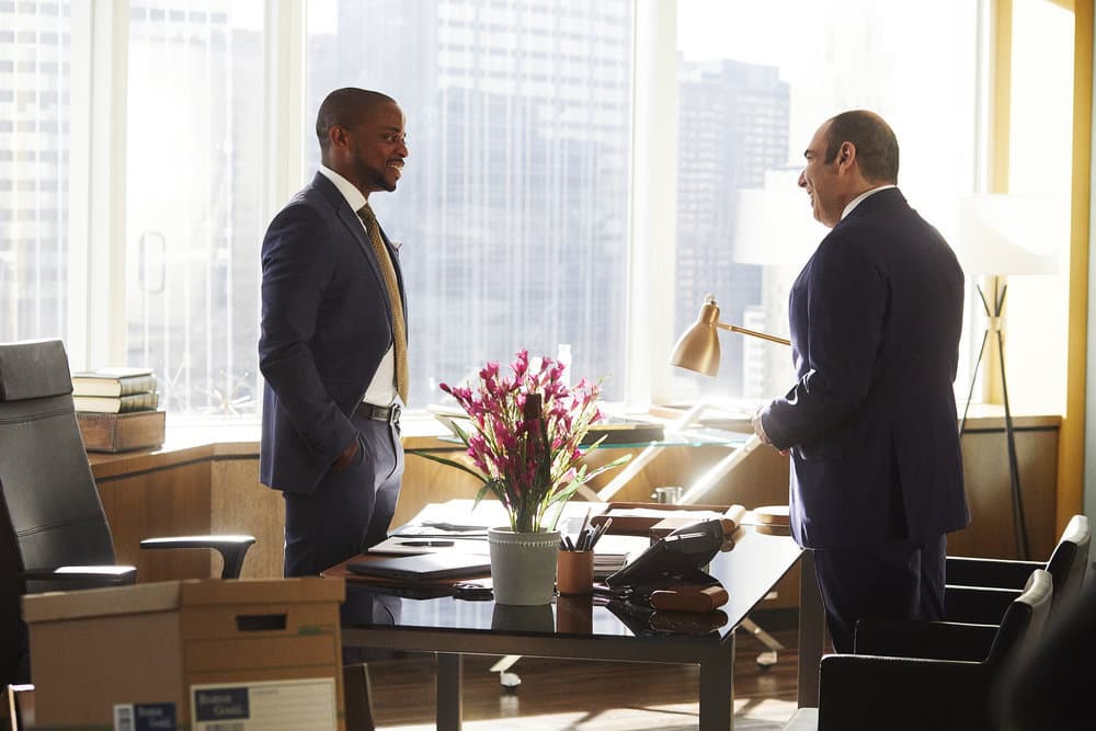 SUITS -- "Mudmare" Episode 703 -- Pictured: (l-r) Dulé Hill as Alex Williams, Rick Hoffman as Louis Litt SUITS -- "Mudmare" Episode 703 -- Pictured: (l-r) Dulé Hill as Alex Williams, Rick Hoffman as Louis Litt