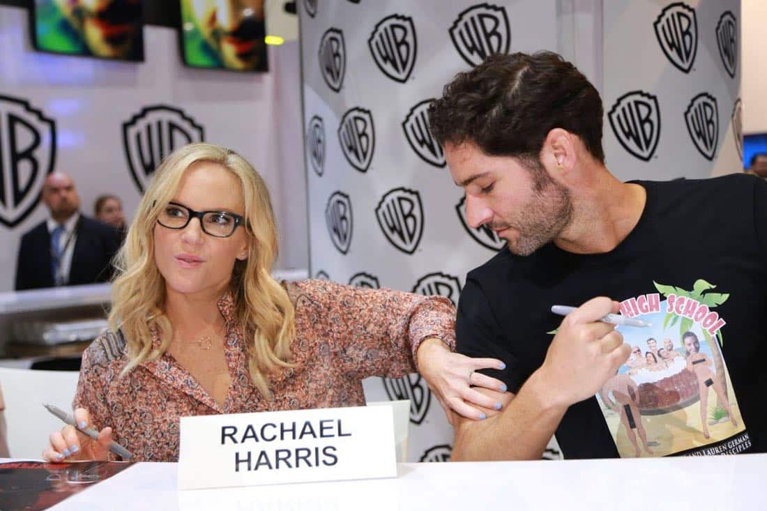 LUCIFER star Rachael Harris has a funny moment with Tom Ellis at the Warner Bros. booth at Comic-Con 2017 on Saturday, July 22. #WBSDCC (© 2017 WBEI. All Rights Reserved) LUCIFER star Rachael Harris has a funny moment with Tom Ellis at the Warner Bros. booth at Comic-Con 2017 on Saturday, July 22. #WBSDCC (© 2017 WBEI. All Rights Reserved)