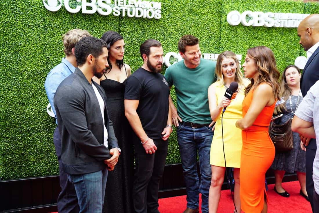 Neil Brown Jr, Max Thieriot, Jessica Pare, AJ Buckley, David Boreanaz and Toni Trucks from SEAL TEAM at the CBS Summer Soirée, held on August 1, 2017 in Los Angeles, CA. Photo: Sonja Flemming/CBS é2017 Broadcasting Inc. All Rights Reserved