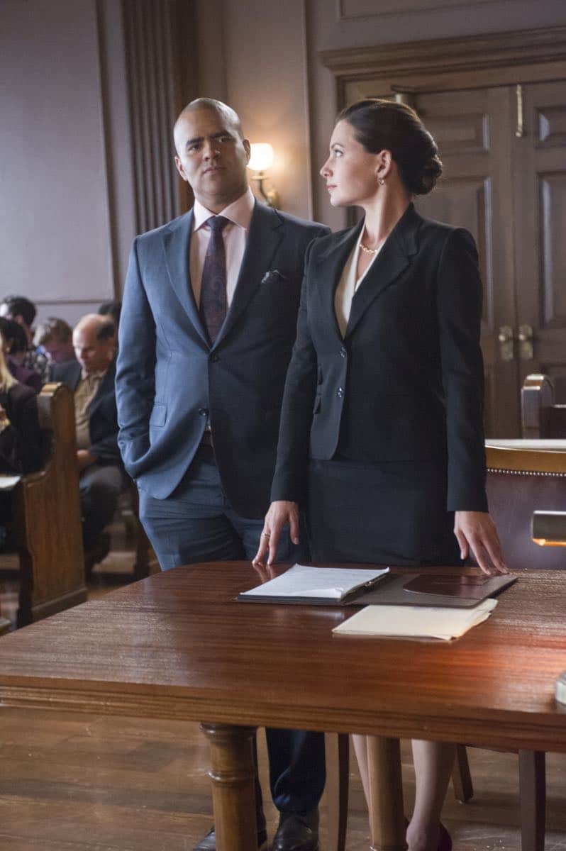 "School for Scandal"-- When Bull joins the district attorney in a case against Kara Clayton (Minka Kelly), who claims she killed her billionaire husband in self-defense, tensions run high when he learns that his on-again, off-again romantic rival, Diana Lindsay (Jill Flint), is defending the widow. Also, Chunk makes a decision about his future, on the second season premiere of BULL, Tuesday, Sept. 26 (9:00-10:00 PM, ET/PT) on the CBS Television Network. Pictured L-R: Chris Jackson as Chunk Palmer and Jill Flint as Diana Lindsay Photo: Jeffrey Neira/CBS é2017 CBS Broadcasting, Inc. All Rights Reserved