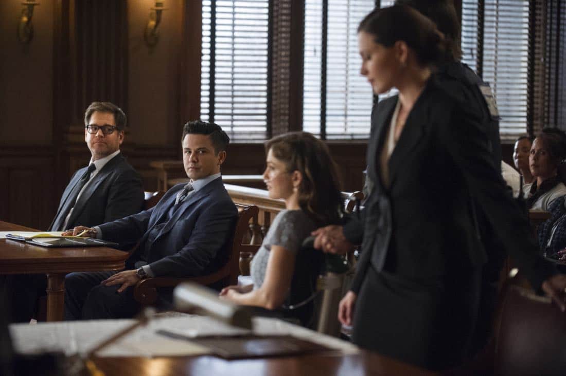"School for Scandal"-- When Bull joins the district attorney in a case against Kara Clayton (Minka Kelly), who claims she killed her billionaire husband in self-defense, tensions run high when he learns that his on-again, off-again romantic rival, Diana Lindsay (Jill Flint), is defending the widow. Also, Chunk makes a decision about his future, on the second season premiere of BULL, Tuesday, Sept. 26 (9:00-10:00 PM, ET/PT) on the CBS Television Network. Pictured L-R: Michael Weatherly as Dr. Jason Bull, Freddy Rodriguez as Benny Colón, Minka Kelly as Kara Clayton, and Jill Flint as Diana Lindsay Photo: Jeffrey Neira/CBS é2017 CBS Broadcasting, Inc. All Rights Reserved