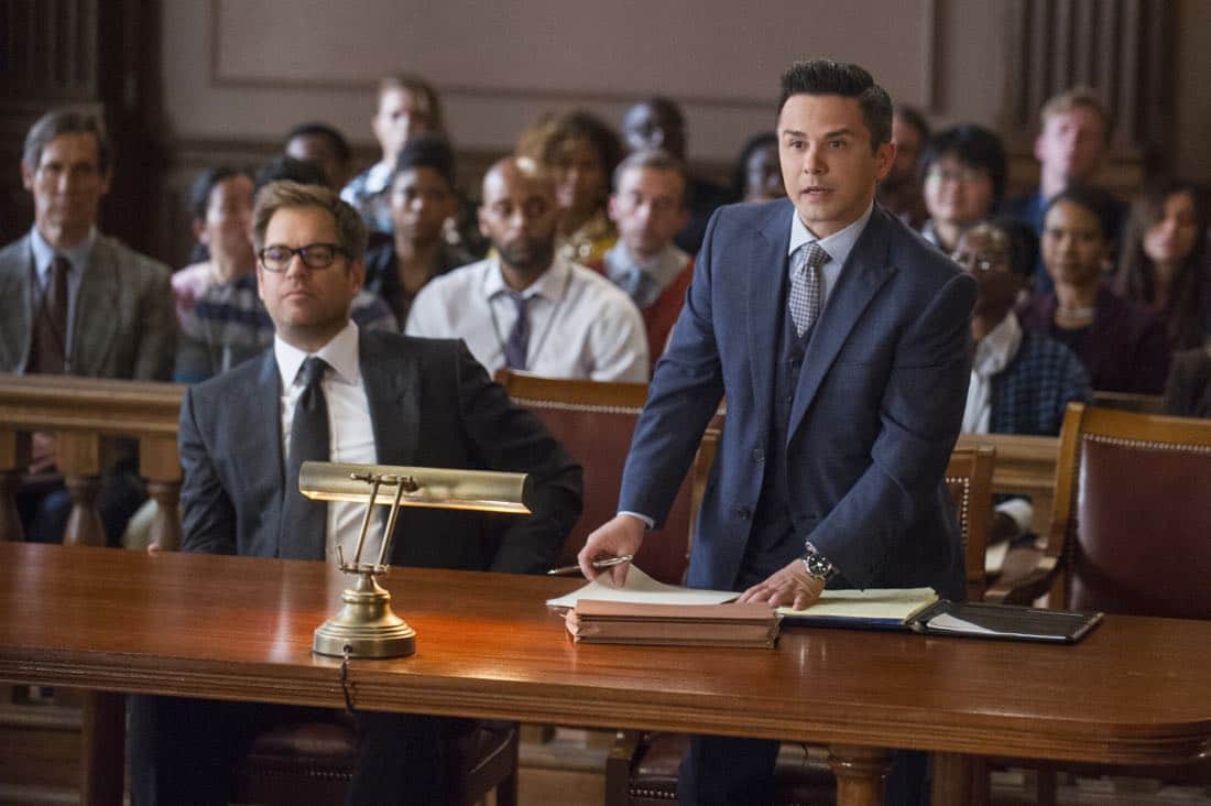 "School for Scandal"-- When Bull joins the district attorney in a case against Kara Clayton (Minka Kelly), who claims she killed her billionaire husband in self-defense, tensions run high when he learns that his on-again, off-again romantic rival, Diana Lindsay (Jill Flint), is defending the widow. Also, Chunk makes a decision about his future, on the second season premiere of BULL, Tuesday, Sept. 26 (9:00-10:00 PM, ET/PT) on the CBS Television Network. Pictured L-R: Michael Weatherly as Dr. Jason Bull and Freddy Rodriguez as Benny Colón Photo: Jeffrey Neira/CBS é2017 CBS Broadcasting, Inc. All Rights Reserved