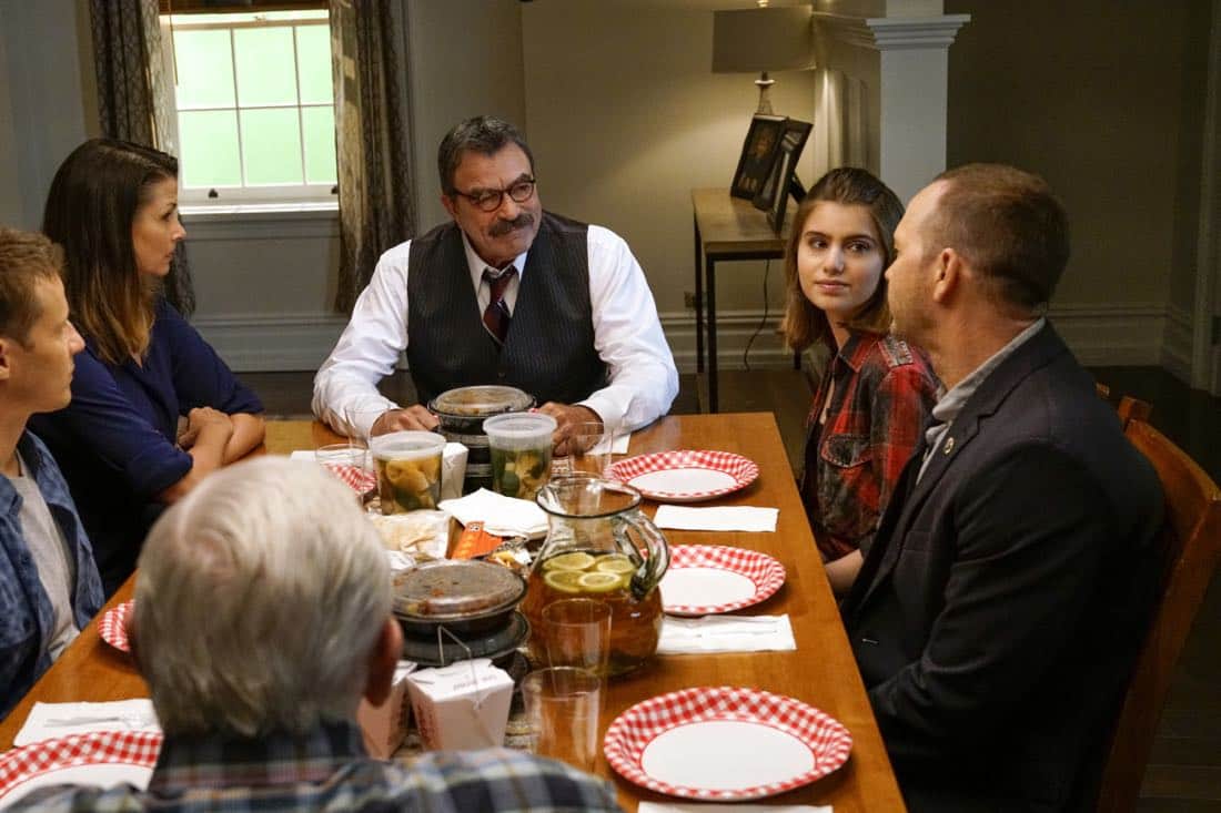 "Cutting Losses" -- Danny contemplates retiring until Erin enlists him to help her with a case involving her ex-husband, Jack (Peter Hermann). Also, Jamie and Eddie go undercover as a couple, and Frank butts heads with the new mayor of New York City, Margaret Dutton (Lorraine Bracco), on the eighth season premiere of BLUE BLOODS, Friday, Sept. 29 (10:00-11:00 PM, ET/PT) on the CBS Television Network. Pictured: Will Estes, Bridget Moynihan, Tom Selleck, Sami Gayle, Donnie Wahlberg, Len Cariou. Photo: John Paul Filo/CBS é2017CBS Broadcasting Inc. All Rights Reserved.