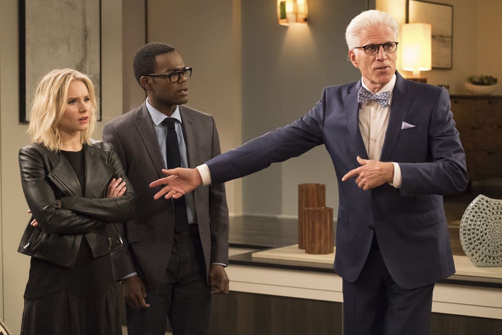 THE GOOD PLACE -- "Everything is Great!" Episode 201 -- Pictured: (l-r) Kristen Bell as Eleanor, William Jackson Harper as Chidi, Ted Danson as Michael -- (Photo by: Colleen Hayes/NBC)