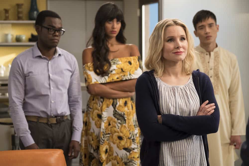 THE GOOD PLACE -- "Team Cockroach" Episode 204 -- Pictured: (l-r) William Jackson Harper as Chidi, Jameela Jamil as Tahani, Kristen Bell as Eleanor Shellstrop, Manny Jacinto as Jianyu -- (Photo by: Colleen Hayes/NBC) THE GOOD PLACE -- "Team Cockroach" Episode 204 -- Pictured: (l-r) William Jackson Harper as Chidi, Jameela Jamil as Tahani, Kristen Bell as Eleanor Shellstrop, Manny Jacinto as Jianyu -- (Photo by: Colleen Hayes/NBC)