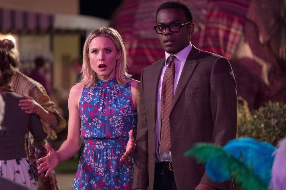 THE GOOD PLACE -- "Existential Crisis" Episode 205 -- Pictured: (l-r) Kristen Bell as Eleanor, William Jackson Harper as Chidi -- (Photo by: Colleen Hayes/NBC) THE GOOD PLACE -- "Existential Crisis" Episode 205 -- Pictured: (l-r) Kristen Bell as Eleanor, William Jackson Harper as Chidi -- (Photo by: Colleen Hayes/NBC)
