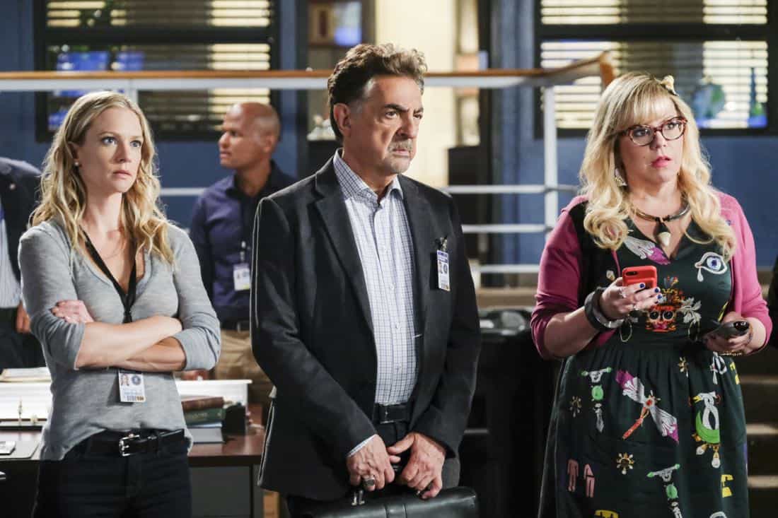 "Killer App" -- The BAU investigates a workplace shooting committed by a state-of-the-art drone in Silicon Valley, on CRIMINAL MINDS, Wednesday, Oct. 11 (10:00-11:00 PM, ET/PT) on the CBS Television Network. Pictured: A.J. Cook (Jennifer Jareau), Joe Mantegna (David Rossi), Kirsten Vangsness (Penelope Garcia) Photo: Darren Michaels/CBS é2017 CBS Broadcasting, Inc. All Rights Reserved