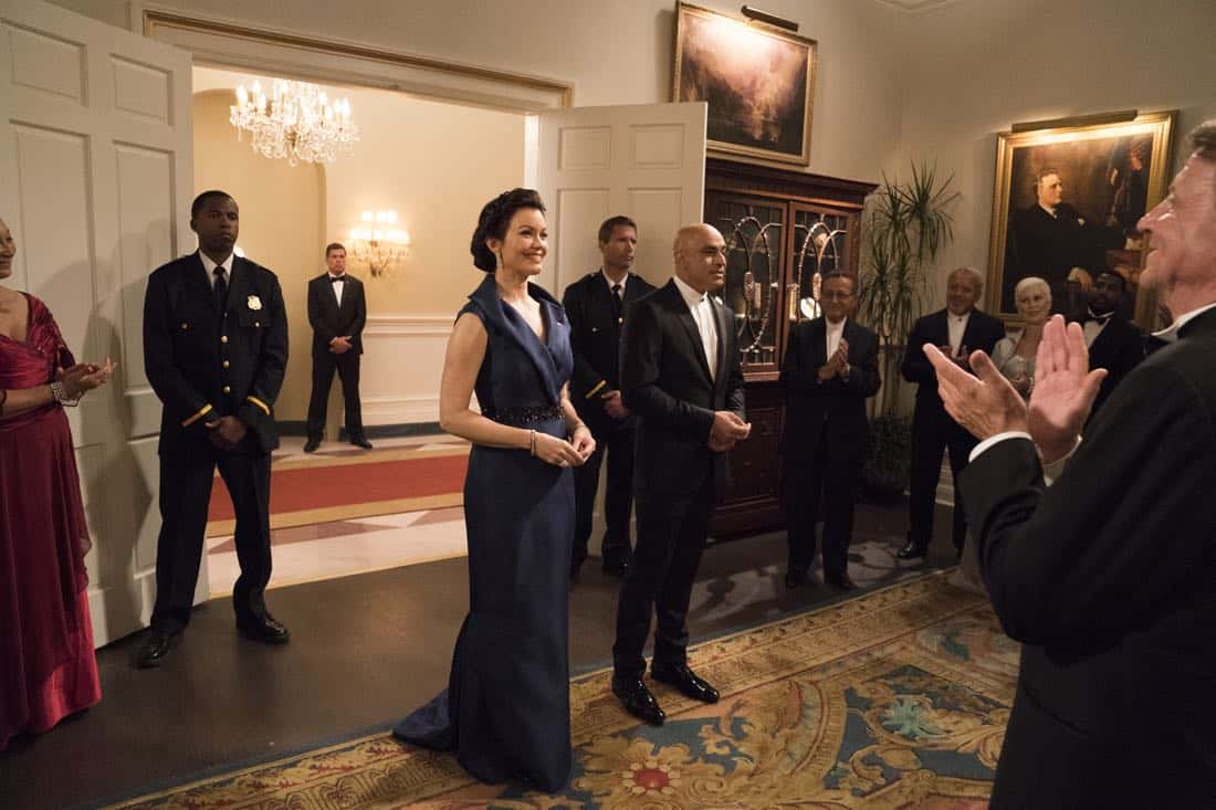 SCANDAL - "Pressing the Flesh" - President Mellie Grant hosts a state dinner for President Rashad of Bashran in a first step toward peace in the Middle East, and in case Mellie's charm alone doesn't work, Olivia secretly puts Jake to work so that they are armed with a back-up plan. Meanwhile, the team at Quinn Perkins & Associates attends the party in hopes to gain more high-profile clientele, on "Scandal," airing THURSDAY, OCTOBER 12 (9:00-10:00 p.m. EDT), on The ABC Television Network. (ABC/Mitch Haaseth) BELLAMY YOUNG, FARAN TAHIR