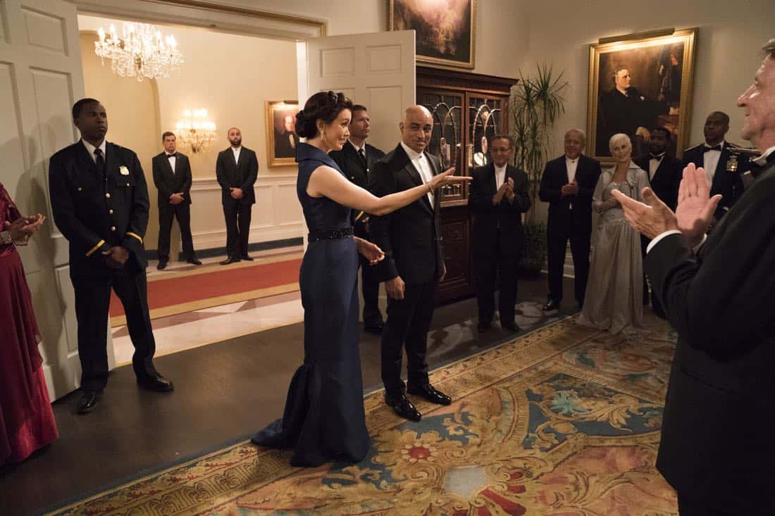 SCANDAL - "Pressing the Flesh" - President Mellie Grant hosts a state dinner for President Rashad of Bashran in a first step toward peace in the Middle East, and in case Mellie's charm alone doesn't work, Olivia secretly puts Jake to work so that they are armed with a back-up plan. Meanwhile, the team at Quinn Perkins & Associates attends the party in hopes to gain more high-profile clientele, on "Scandal," airing THURSDAY, OCTOBER 12 (9:00-10:00 p.m. EDT), on The ABC Television Network. (ABC/Mitch Haaseth) BELLAMY YOUNG, FARAN TAHIR