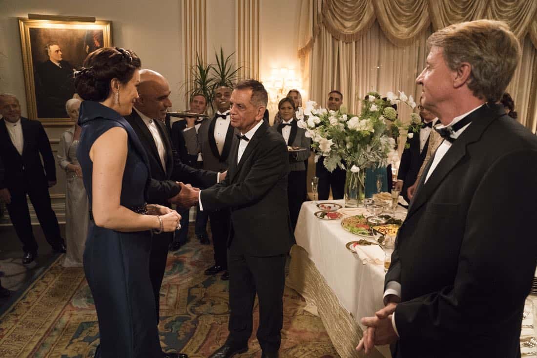 SCANDAL - "Pressing the Flesh" - President Mellie Grant hosts a state dinner for President Rashad of Bashran in a first step toward peace in the Middle East, and in case Mellie's charm alone doesn't work, Olivia secretly puts Jake to work so that they are armed with a back-up plan. Meanwhile, the team at Quinn Perkins & Associates attends the party in hopes to gain more high-profile clientele, on "Scandal," airing THURSDAY, OCTOBER 12 (9:00-10:00 p.m. EDT), on The ABC Television Network. (ABC/Mitch Haaseth) BELLAMY YOUNG, FARAN TAHIR