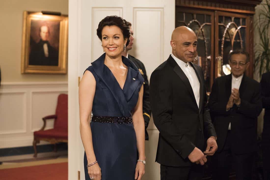SCANDAL - "Pressing the Flesh" - President Mellie Grant hosts a state dinner for President Rashad of Bashran in a first step toward peace in the Middle East, and in case Mellie's charm alone doesn't work, Olivia secretly puts Jake to work so that they are armed with a back-up plan. Meanwhile, the team at Quinn Perkins & Associates attends the party in hopes to gain more high-profile clientele, on "Scandal," airing THURSDAY, OCTOBER 12 (9:00-10:00 p.m. EDT), on The ABC Television Network. (ABC/Mitch Haaseth) BELLAMY YOUNG, FARAN TAHIR