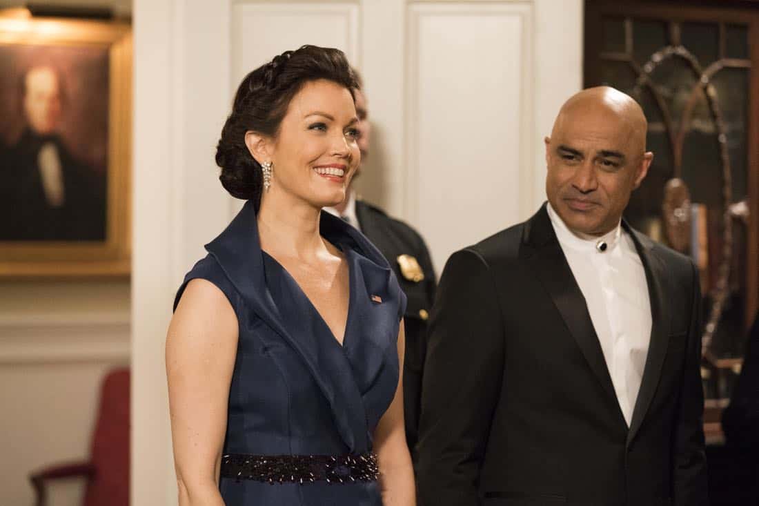 SCANDAL - "Pressing the Flesh" - President Mellie Grant hosts a state dinner for President Rashad of Bashran in a first step toward peace in the Middle East, and in case Mellie's charm alone doesn't work, Olivia secretly puts Jake to work so that they are armed with a back-up plan. Meanwhile, the team at Quinn Perkins & Associates attends the party in hopes to gain more high-profile clientele, on "Scandal," airing THURSDAY, OCTOBER 12 (9:00-10:00 p.m. EDT), on The ABC Television Network. (ABC/Mitch Haaseth) BELLAMY YOUNG, FARAN TAHIR