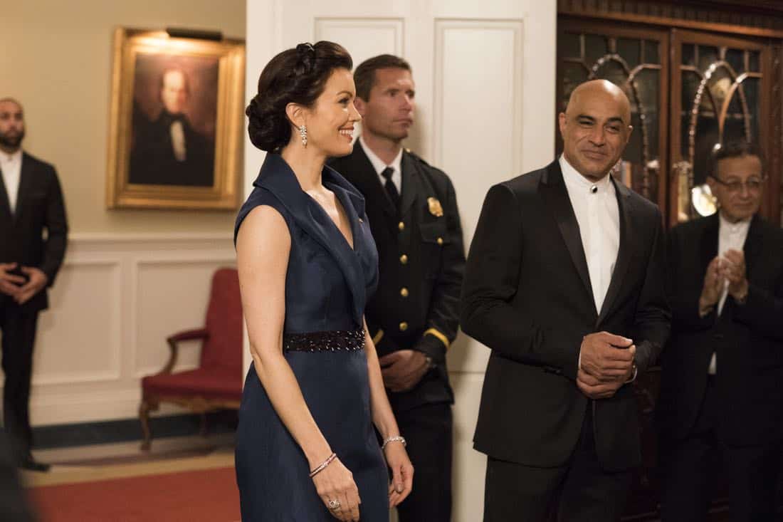 SCANDAL - "Pressing the Flesh" - President Mellie Grant hosts a state dinner for President Rashad of Bashran in a first step toward peace in the Middle East, and in case Mellie's charm alone doesn't work, Olivia secretly puts Jake to work so that they are armed with a back-up plan. Meanwhile, the team at Quinn Perkins & Associates attends the party in hopes to gain more high-profile clientele, on "Scandal," airing THURSDAY, OCTOBER 12 (9:00-10:00 p.m. EDT), on The ABC Television Network. (ABC/Mitch Haaseth) BELLAMY YOUNG, FARAN TAHIR