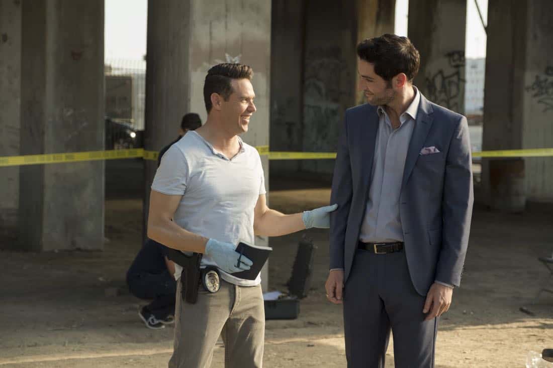 LUCIFER: L-R: Kevin Alejandro and Tom Ellis in the “The One With The Baby Carrot” episode of LUCIFER airing Monday, Oct. 9 (8:00-9:00 PM ET/PT) on FOX. Cr: John P Flexor/FOX