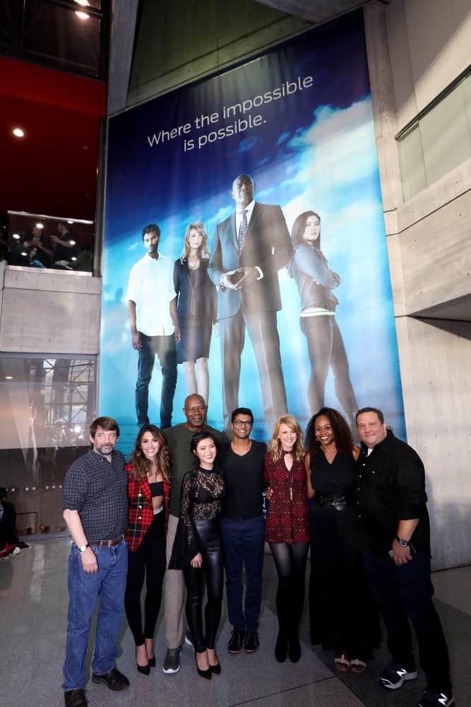 NEW YORK COMIC CON -- "Reverie" -- Pictured: (l-r) Tom Szentgyorgi, Executive Producer, "Reverie; Sarah Shahi; Dennis Haysbert; Jessica Lu; Sendhil Ramamurthy; Kathryn Morris; Pearlena Igbokwe, President, Universal Television; Mickey Fisher, Executive Producer, "Reverie" -- (Photo by: Heidi Gutman/NBC)