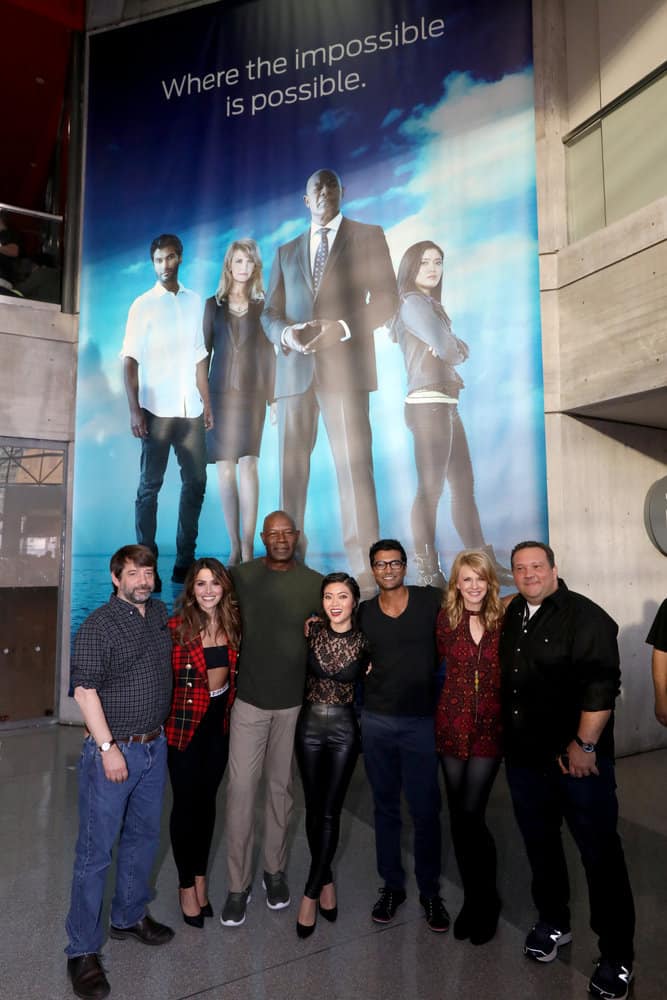 NEW YORK COMIC CON -- "Reverie" -- Pictured: (l-r) Tom Szentgyorgi, Executive Producer, "Reverie; Sarah Shahi; Dennis Haysbert; Jessica Lu; Sendhil Ramamurthy; Kathryn Morris; Mickey Fisher, Executive Producer, "Reverie" -- (Photo by: Heidi Gutman/NBC)