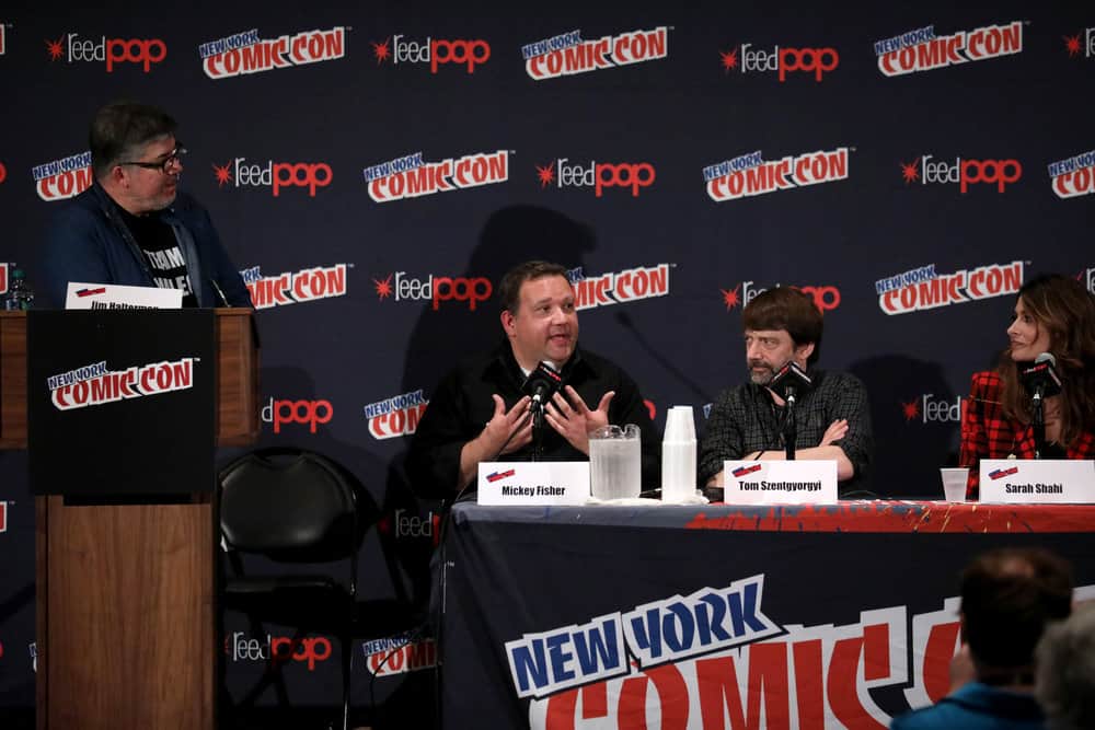 NEW YORK COMIC CON -- "Reverie" -- Pictured: (l-r) Mickey Fisher and Tom Szentgyorgi, Executive Producers, "Reverie"; Sarah Shahi -- (Photo by: Heidi Gutman/NBC)
