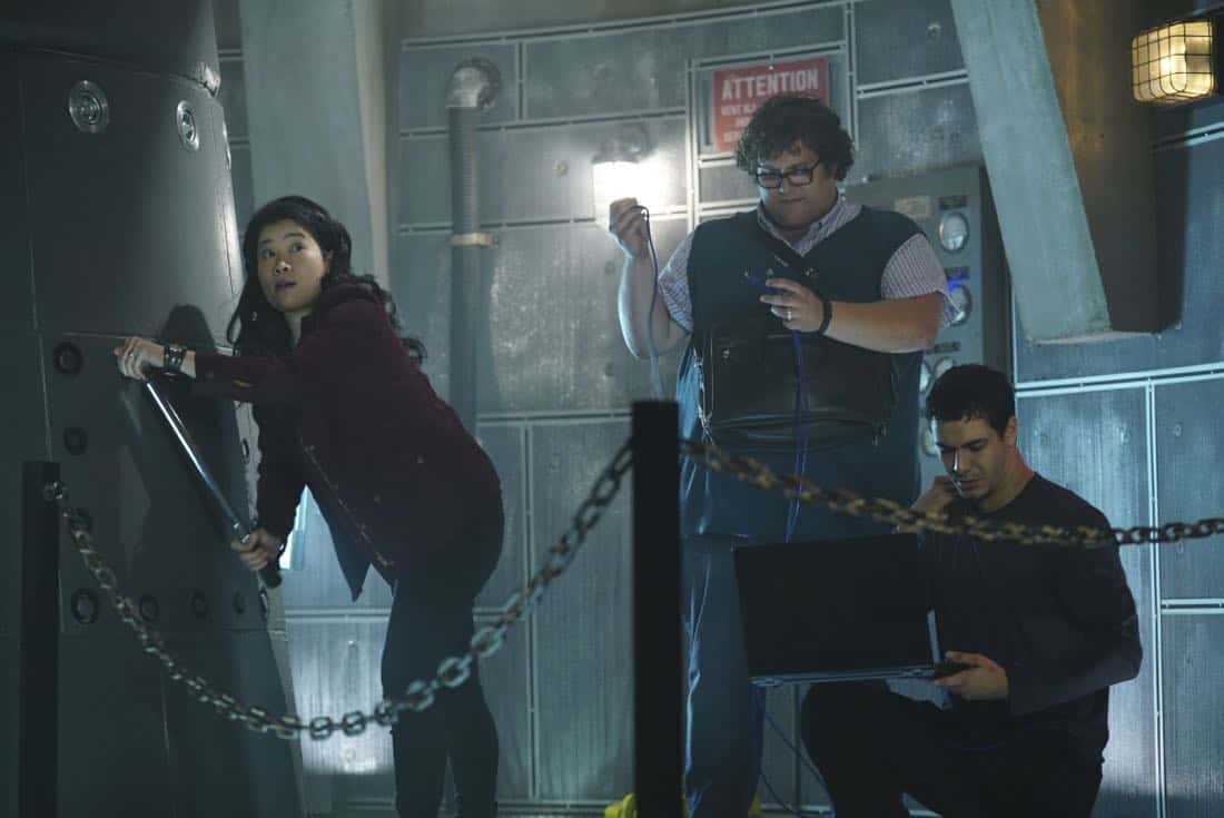 Nuke Kids on the Block" -- While decommissioning an old nuclear missile, a simple accident causes Team Scorpion to endure exposure to toxic vapor while trying to prevent the nuke from detonating. Also, Paige confronts Happy about constantly tagging along with her and Walter, on SCORPION, Monday, Oct. 16 (10:00-11:00 PM, ET/PT) on the CBS Television Network. Pictured: Jadyn Wong, Ari Stidham, Elyes Gabel. Photo: Sonja Flemming/CBS é2017 CBS Broadcasting, Inc. All Rights Reserved
