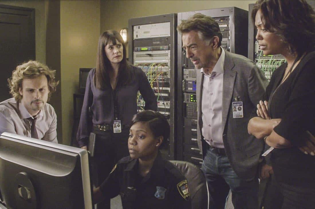 "Blue Angel" -- When successful businessmen in Detroit are targeted by an anger-driven power-assertive Unsub, the BAU is called in to investigate, on CRIMINAL MINDS, Wednesday, Oct. 11 (10:00-11:00 PM, ET/PT) on the CBS Television Network. Pictured: Matthew Gray Gubler (Dr. Spencer Reid), Paget Brewster (Emily Prentiss), Joe Mantegna (David Rossi), Aisha Tyler (Dr. Tara Lewis), Monique Gall (Officer Cenisa Royce) Photo: Best Screen Grab Available é2017 CBS Broadcasting, Inc. All Rights Reserved