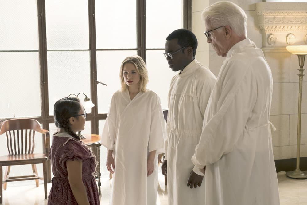 THE GOOD PLACE -- "The Trolley Problem" Episode 206 -- Pictured: (l-r) Kristen Bell as Eleanor, William Jackson Harper as Chidi, Ted Danson as Michael -- (Photo by: Colleen Hayes/NBC)