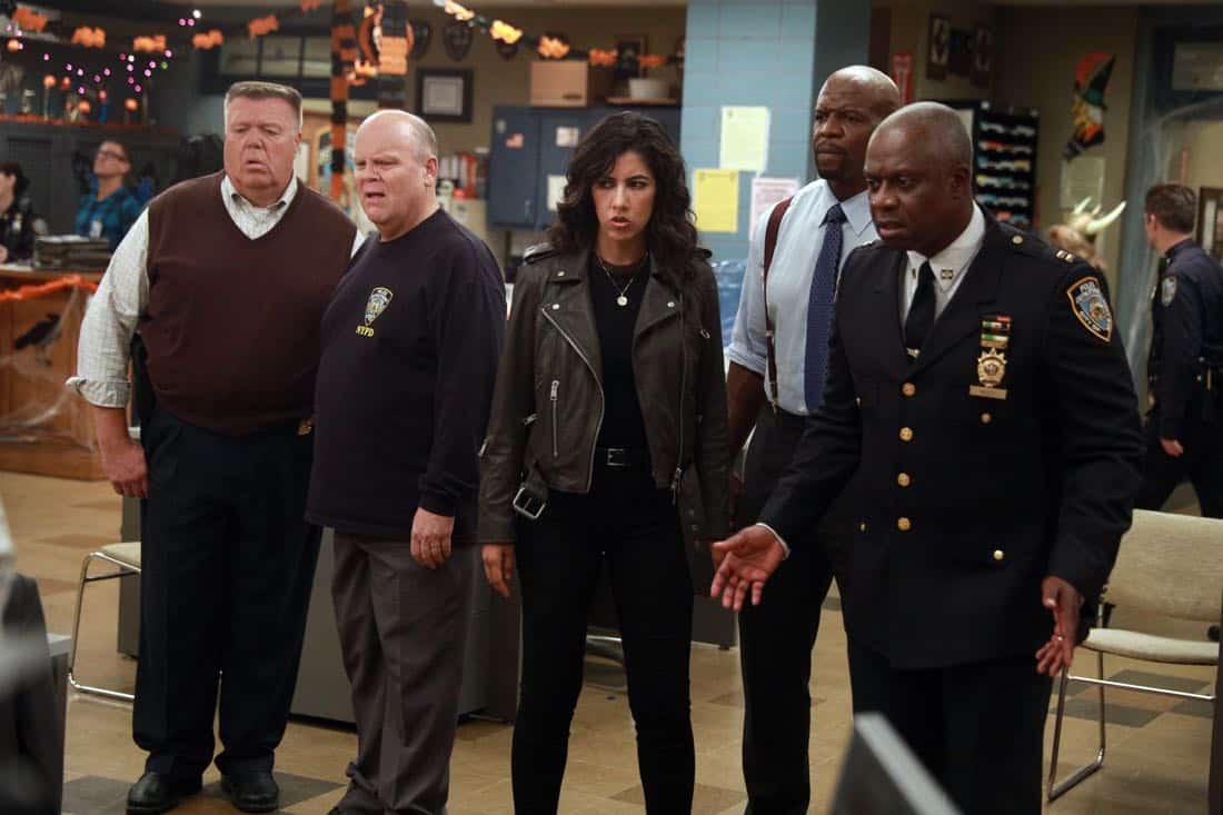 BROOKLYN NINE-NINE: L-R: Joel McKinnon Miller, Dirk Blocker, Stephanie Beatriz, Terry Crews and Andre Braugher in the ???HalloVeen??? episode of BROOKLYN NINE-NINE airing Tuesday, Oct. 17 (9:30-10:00 PM ET/PT) on FOX. CR: JORDIN ALTHAUS/FOX