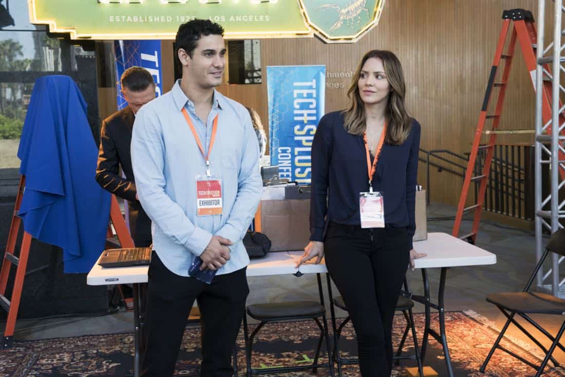 "Sci Hard" -- While attending a tech convention, Team Scorpion is taken hostage by a group attempting a virtual heist, on SCORPION, Monday, Oct. 23 (10:00-11:00 PM, ET/PT) on the CBS Television Network. Pictured: Elyes Gabel, Katharine McPhee. Photo: Bill Inoshita/CBS é2017 CBS Broadcasting, Inc. All Rights Reserved