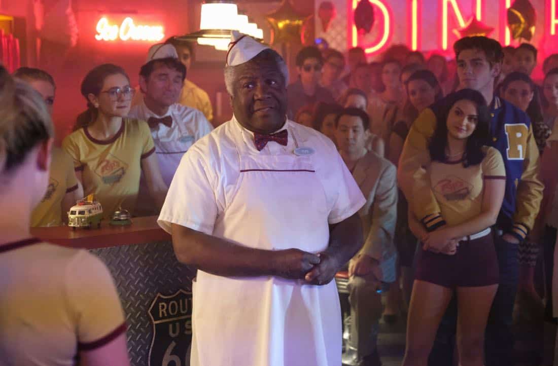 Riverdale -- "Chapter Fifteen: Nighthawks" -- Image Number: RVD202b_0219.jpg -- Pictured (L-R): Alvin Sanders as Pop Tate, Camila Mendes as Veronica Lodge, and KJ Apa as Archie Andrews -- Photo: Bettina Strauss /The CW -- é 2017 The CW Network. All Rights Reserved
