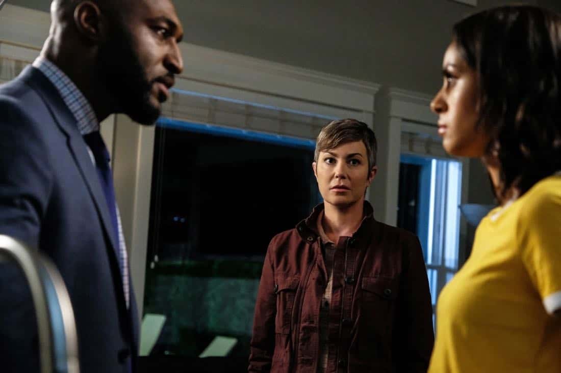 Supernatural -- "Patience" -- Image Number: SN1303a_0548b.jpg -- Pictured (L-R): Adrian Holmes as James, Kim Rhodes as Jody Mills and Clark Backo as Patience -- Photo: Bettina Strauss/The CW -- é 2017 The CW Network, LLC All Rights Reserved.