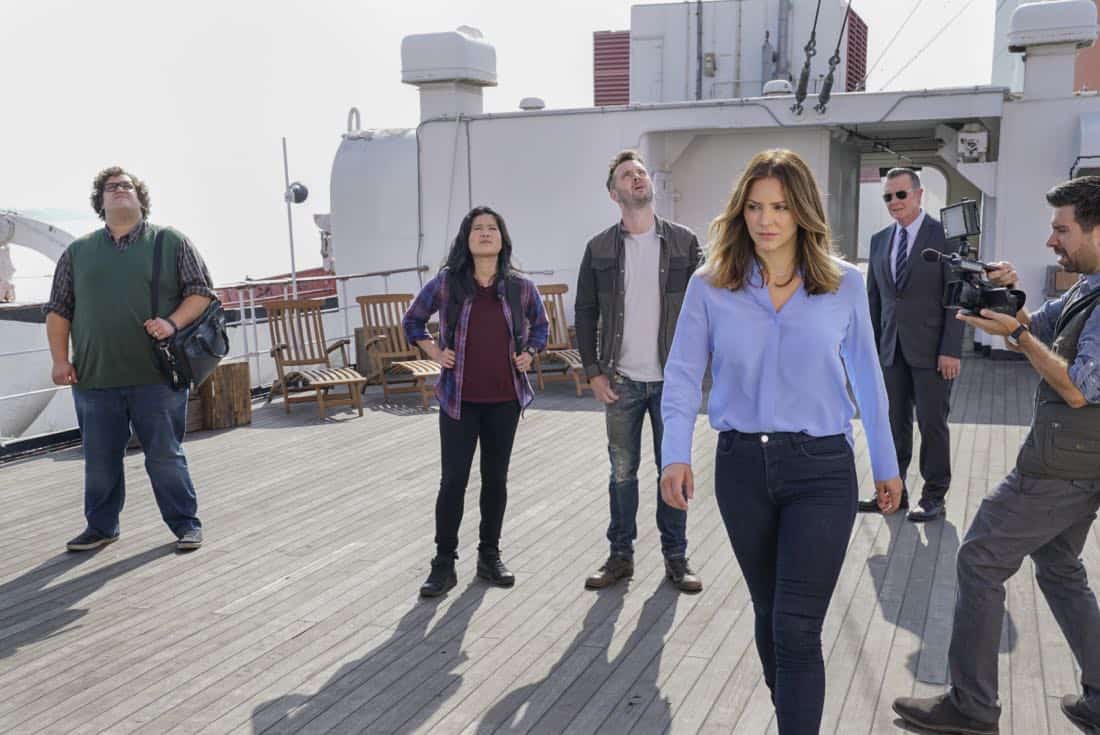 "Queen Scary" -- At Halloween, Team Scorpion takes on a case to prove the existence of ghosts on the Queen Mary but find an all-too-real disaster when they locate a "ghost ship" on a deadly collision course. Also, Walter considers taking note of Paige's interests to benefit their relationship, on SCORPION, Monday, Oct. 30 (10:00-11:00 PM, ET/PT) on the CBS Television Network. Pictured: Ari Stidham, Jadyn Wong, Eddie Kaye Thomas, Katharine McPhee, Robert Patrick, Joshua Gomez. Photo: Cliff Lipson/CBS é2017 CBS Broadcasting, Inc. All Rights Reserved "Queen Scary" -- At Halloween, Team Scorpion takes on a case to prove the existence of ghosts on the Queen Mary but find an all-too-real disaster when they locate a "ghost ship" on a deadly collision course. Also, Walter considers taking note of Paige's interests to benefit their relationship, on SCORPION, Monday, Oct. 30 (10:00-11:00 PM, ET/PT) on the CBS Television Network. Pictured: Ari Stidham, Jadyn Wong, Eddie Kaye Thomas, Katharine McPhee, Robert Patrick, Joshua Gomez. Photo: Cliff Lipson/CBS é2017 CBS Broadcasting, Inc. All Rights Reserved