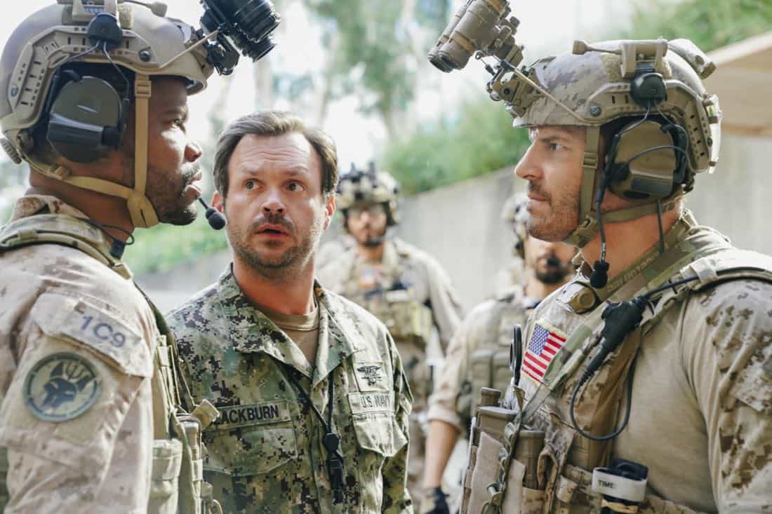"The Spinning Wheel" -- The SEAL Team must work with Jason's longtime rival, Beau Fuller (Sharif Atkins), and his team to plan and perfect a raid under the watchful eye of top military brass. Also, Clay delivers solemn news to a teammate's next of kin, on SEAL TEAM, Wednesday, Nov. 1 (9:00-10:00 PM, ET/PT) on the CBS Television Network. Pictured left to right: Judd Lormand as Blackburn and David Boreanaz as Jason Hayes. Photo: Erik Voake/CBS é2017 CBS Broadcasting, Inc. All Rights Reserved