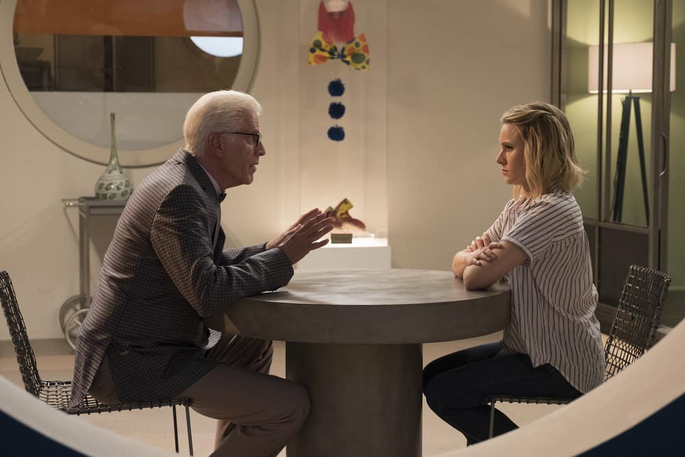 THE GOOD PLACE -- "Derek" Episode 208 -- Pictured: (l-r) Ted Danson as Michael, Kristen Bell as Eleanor -- (Photo by: Colleen Hayes/NBC)