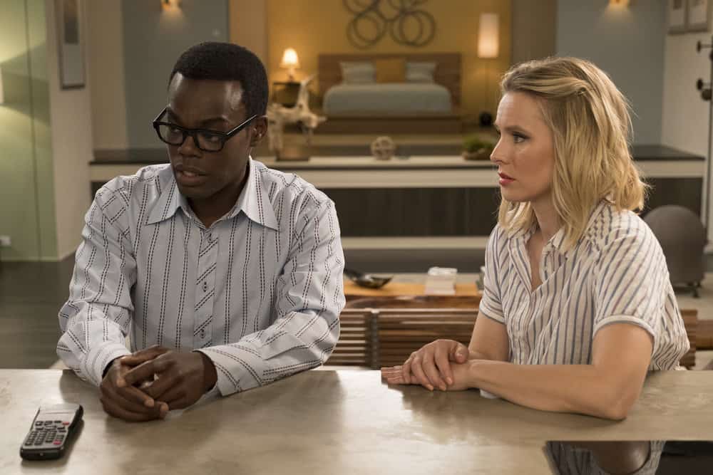 THE GOOD PLACE -- "Derek" Episode 208 -- Pictured: (l-r) William Jackson Harper as Chidi, Kristen Bell as Eleanor -- (Photo by: Colleen Hayes/NBC)