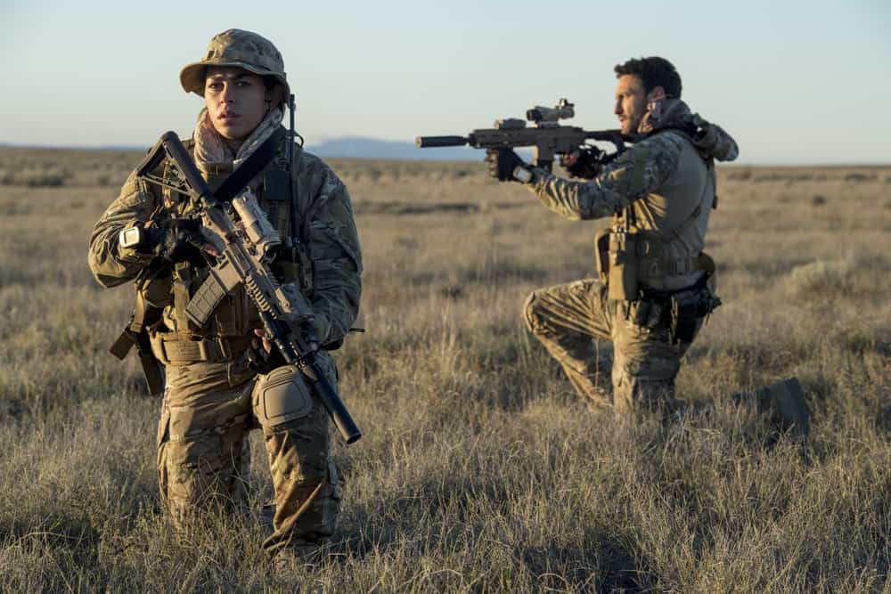 THE BRAVE -- "Stealth" Episode 108 -- Pictured: (l-r) Natacha Karam as Sergeant Jasmine "Jaz" Khan, Noah Mills as Sergeant Joseph "McG" McGuire -- (Photo by: Lewis Jacobs/NBC)