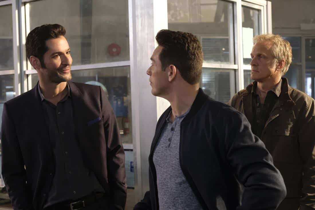 LUCIFER: L-R: Tom Ellis, Kevin Alejandro and guest star Patrick Fabian in the “Off The Record” episode of LUCIFER airing Monday, Nov. 13 (8:00-9:00 PM ET/PT) on FOX. CR: Michael Courtney/FOX