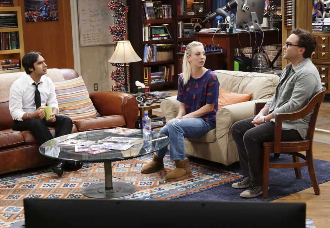 "The Confidence Erosion" -- Pictured: Rajesh Koothrappali (Kunal Nayyar), Penny (Kaley Cuoco) and Leonard Hofstadter (Johnny Galecki). Sheldon and Amy try to eliminate stress from wedding planning by applying math to the process. Also, Koothrappali "breaks up" with Wolowitz after realizing his best friend is actually hurting his confidence, on THE BIG BANG THEORY, Thursday, Dec. 7 (8:00-8:31 PM, ET/PT) on the CBS Television Network. Photo: Monty Brinton/CBS é2017 CBS Broadcasting, Inc. All Rights Reserved.