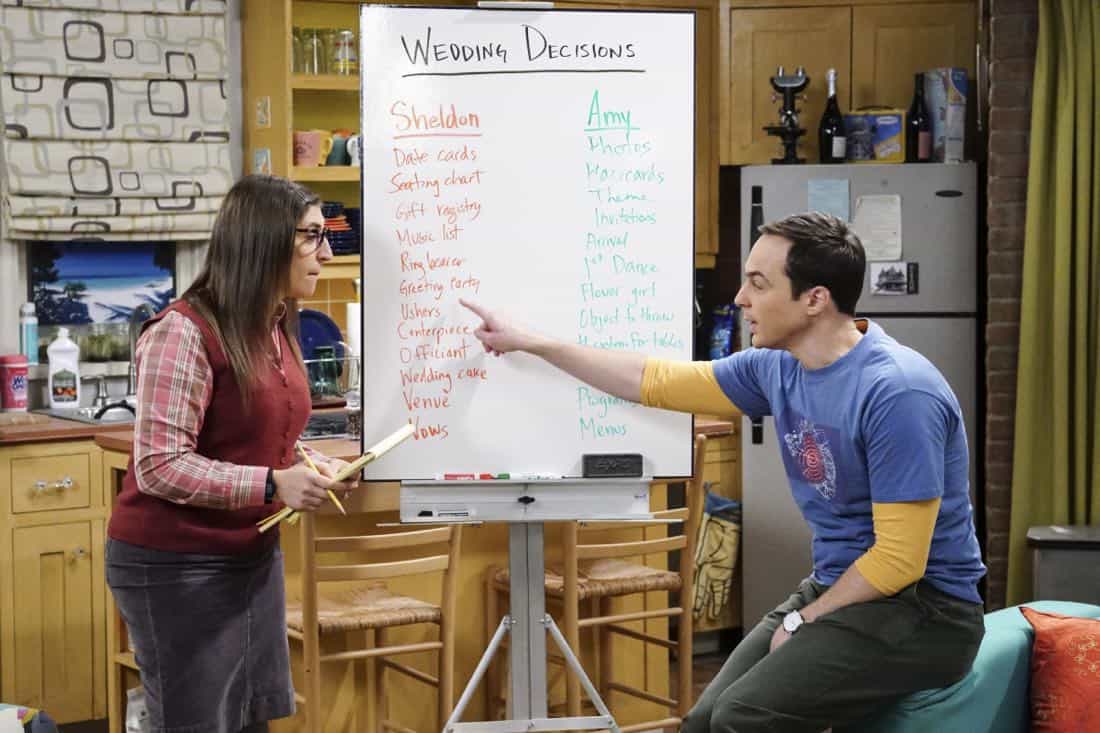 "The Confidence Erosion" -- Pictured: Amy Farrah Fowler (Mayim Bialik) and Sheldon Cooper (Jim Parsons). Sheldon and Amy try to eliminate stress from wedding planning by applying math to the process. Also, Koothrappali "breaks up" with Wolowitz after realizing his best friend is actually hurting his confidence, on THE BIG BANG THEORY, Thursday, Dec. 7 (8:00-8:31 PM, ET/PT) on the CBS Television Network. Photo: Monty Brinton/CBS é2017 CBS Broadcasting, Inc. All Rights Reserved.