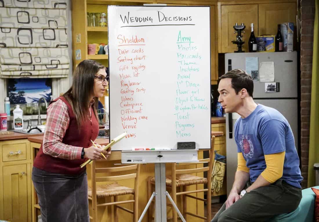 "The Confidence Erosion" -- Pictured: Amy Farrah Fowler (Mayim Bialik) and Sheldon Cooper (Jim Parsons). Sheldon and Amy try to eliminate stress from wedding planning by applying math to the process. Also, Koothrappali "breaks up" with Wolowitz after realizing his best friend is actually hurting his confidence, on THE BIG BANG THEORY, Thursday, Dec. 7 (8:00-8:31 PM, ET/PT) on the CBS Television Network. Photo: Monty Brinton/CBS é2017 CBS Broadcasting, Inc. All Rights Reserved.