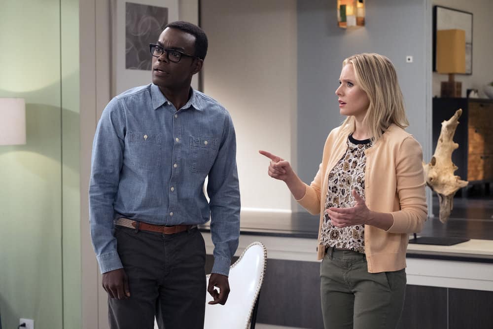 THE GOOD PLACE -- "Leap Into Faith" Episode 209 -- Pictured: (l-r) William Jackson Harper as Chidi, Kristen Bell as Eleanor -- (Photo by: Colleen Hayes/NBC)